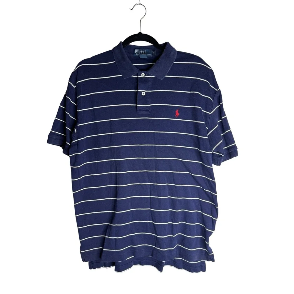 Polo Ralph Lauren Mens Large Navy Blue White Striped‎ Short Sleeve Polo Shirt